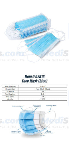 Disposable Blue Face Masks, 3-ply, Disposable