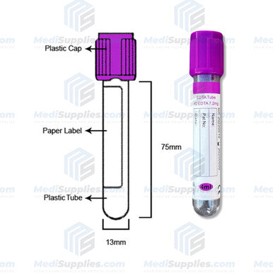 Vacuum Blood Collection Tube, 13 x 75mm, 4ml, Lavender Top
