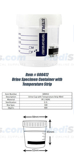 Urine Specimen Container 90ml (3oz) Cup, WITH Temperature Strip, Sterile