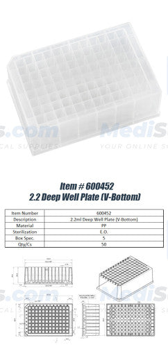 2.2 ml Deep Well Plates 96, U Conical V Bottom, Square Well