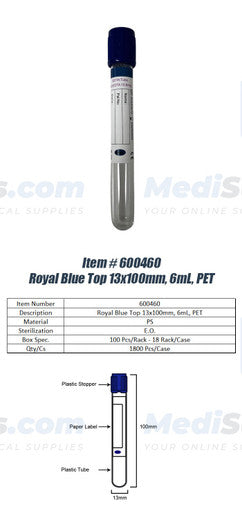 Vacuum Blood Collection Tube, 13 x 100mm, 6ml, Royal Blue Top