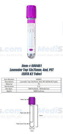 Vacuum Blood Collection Tube, 13 x 75mm, 4ml, Lavender Top