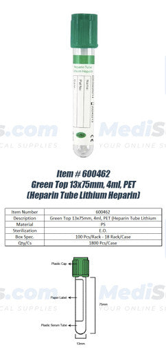 Vacuum Blood Collection Tube (Heparin Lithium Tube), 13 x 75mm, 4ml, Green Top