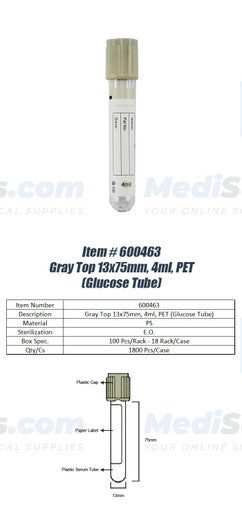 Vacuum Blood Collection Tube (Glucose Tube), 13 x 75mm, 4ml, Gray Top