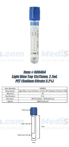 Vacuum Blood Collection Tube (Sodium Citrate 3.2%), 13 x 75mm, 2.7ml, Light Blue Top