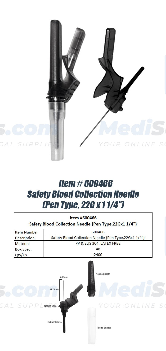 Saftey Blood Collection Needle, Pen Type, 1 1/4'' - 21g, 22g