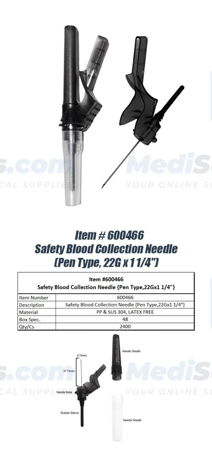 Saftey Blood Collection Needle, Pen Type, 1 1/4'' - 21g, 22g