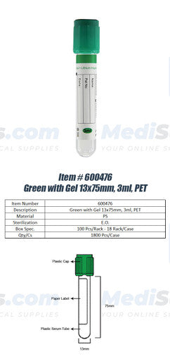 Vacuum Blood Collection Tube Gel + (Heparin Lithium Tube), 13 x 75mm, 3ml, Green Top