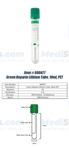 Vacuum Blood Collection Tube (Heparin Lithium Tube), 16 x 100mm, 10ml, Green Top