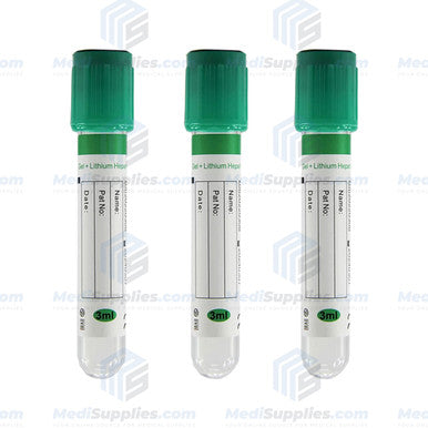 Vacuum Blood Collection Tube Gel + (Heparin Lithium Tube), 13 x 75mm, 3ml, Green Top