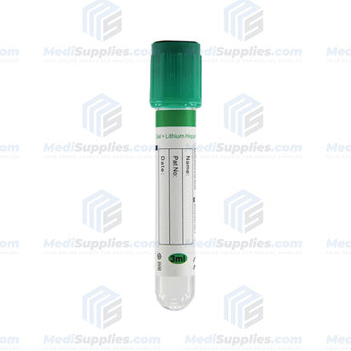 Vacuum Blood Collection Tube Gel + (Heparin Lithium Tube), 13 x 75mm, 3ml, Green Top
