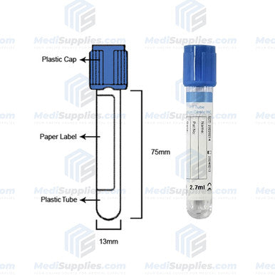 Vacuum Blood Collection Tube (Sodium Citrate 3.2%), 13 x 75mm, 2.7ml, Light Blue Top